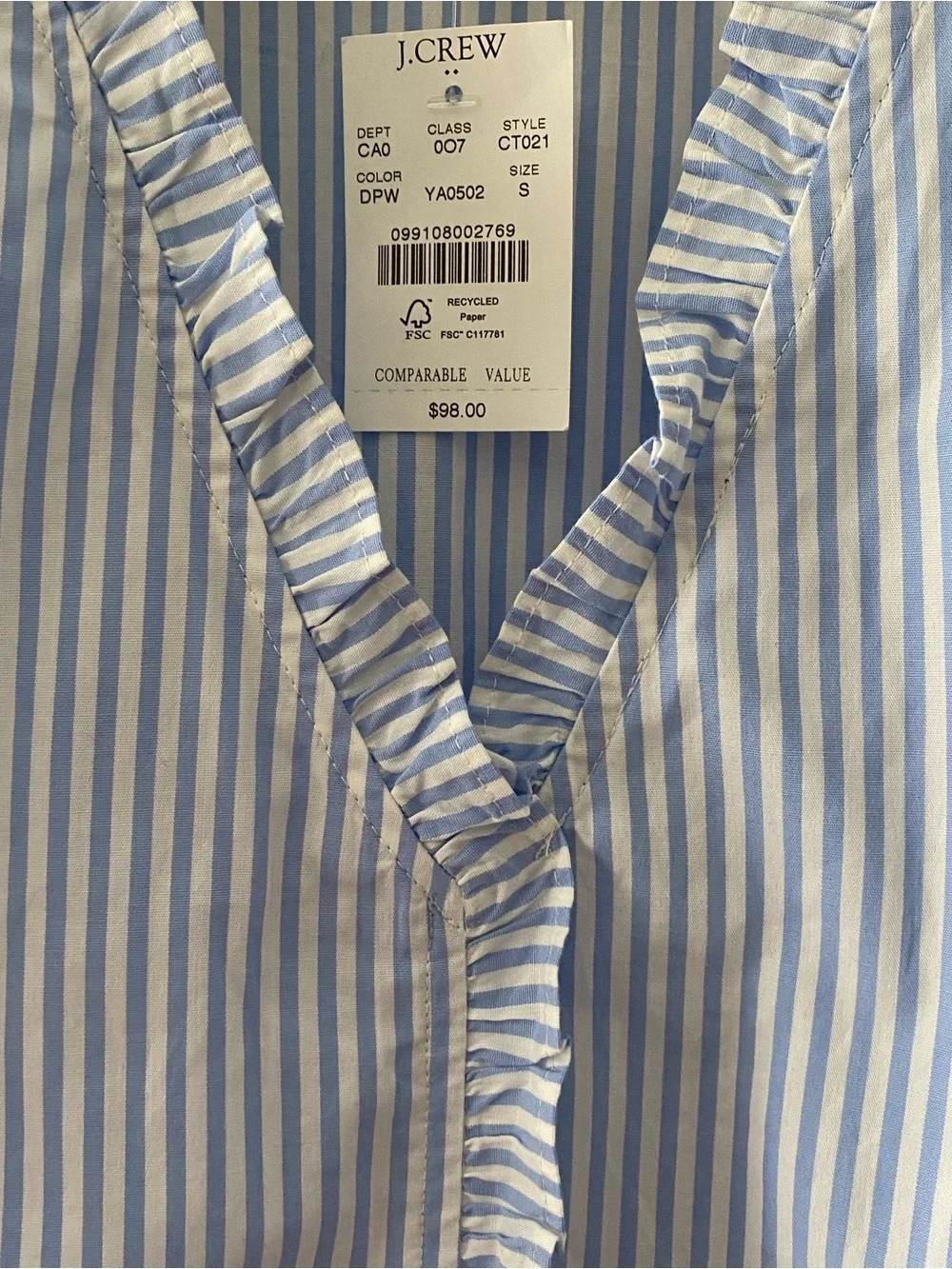 J. Crew Blue and White Striped Ruffle V-Neck Puff Sleeve Blouse